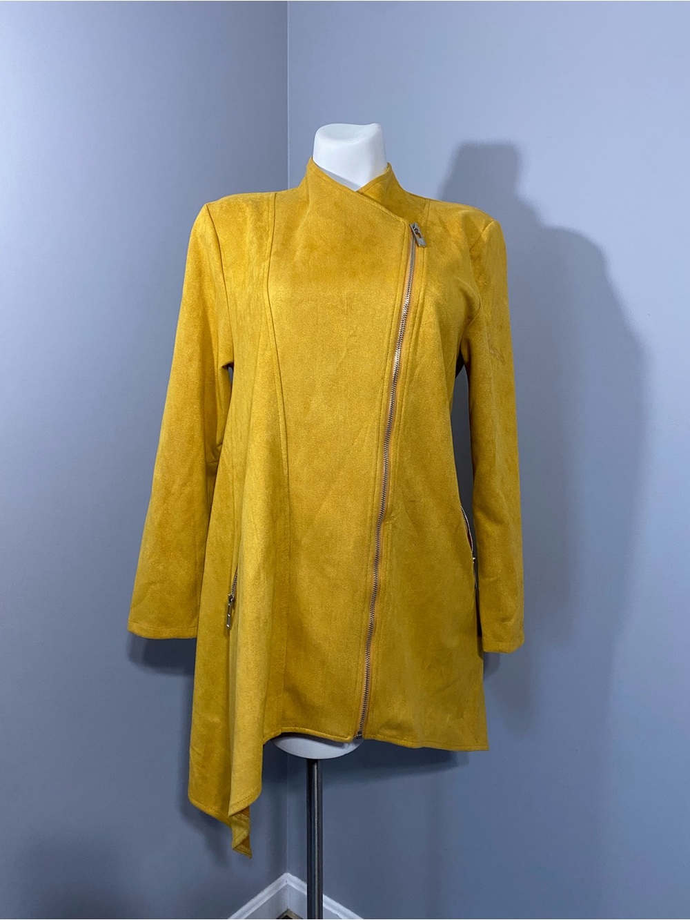 Women's Mustard Asymmetrical Trench Coat with Stand Collar